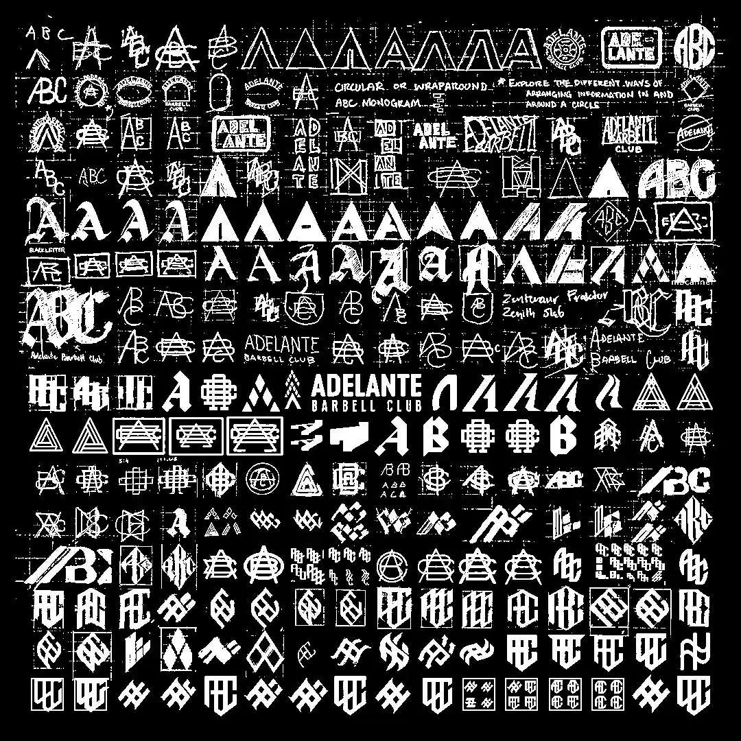 Graphic designer's process flash sheet of over 100 logo sketches and designs for Adelante Barbell Club